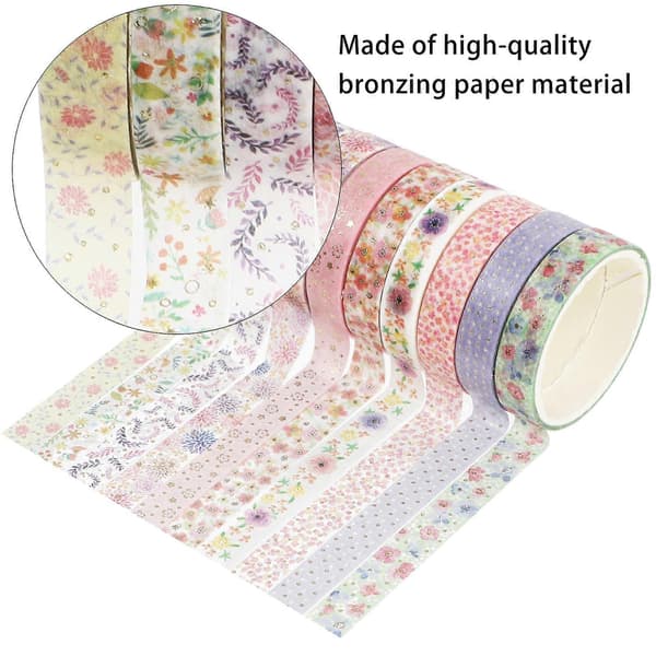 10 rullar Washi-tejp med varmprägling och blommig design, set för handböcker och klippböcker