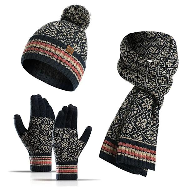 Damhatt, halsduk och modehandskar set Varmfodrad mössa Pekskärm Varma handskar Pekskärm navy blue