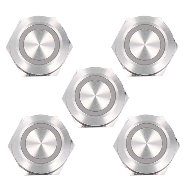 5 stk. Momentan trykknappbryter Metall Auto Reset Ultratynn Vanntett med LED 19mmDC3~6V Hvit
