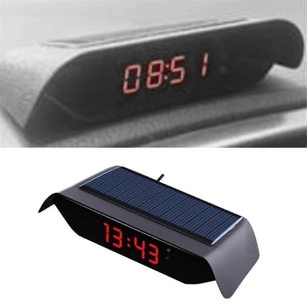 Solcellsdriven bilklocka, 24-timmars elektronisk klocka med hög precision, automatisk justering av ljusstyrka, termometer