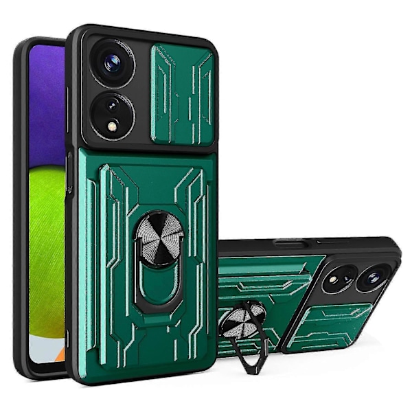 Skal med skjutbart kameraskydd, stativ och korthållare för Oppo A78 5G/A58 5G Blackish Green
