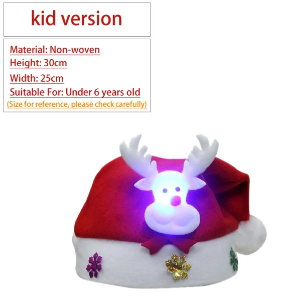 2024 Söt Julmössa Barn/Vuxna Röd Non-woven Cap Led Ljus Tomtehatt För Hemmakontoret Bar Julfestdekoration Kid Elk Light