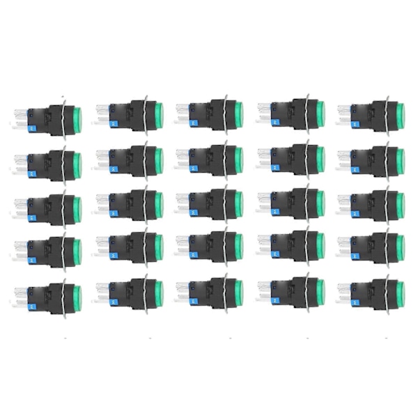 25 st Tryckknapp Momentan Självlåsande 5 Stift 16mm med Lampa 24V Set Kit för Utrustning Grön
