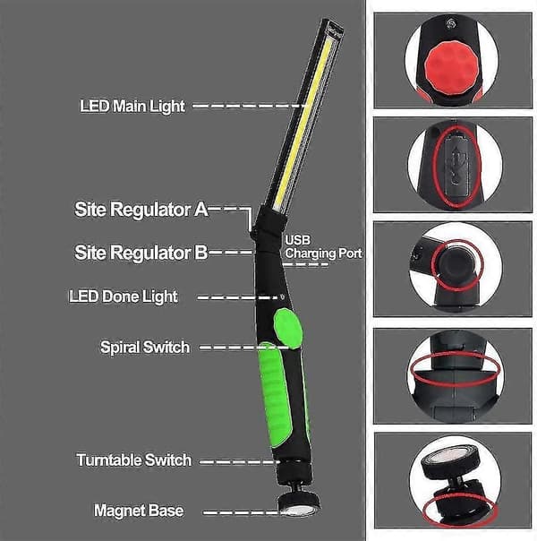 Oppladbar LED arbeidslampe med magnet og 360 graders sammenleggbar USB-rotasjon