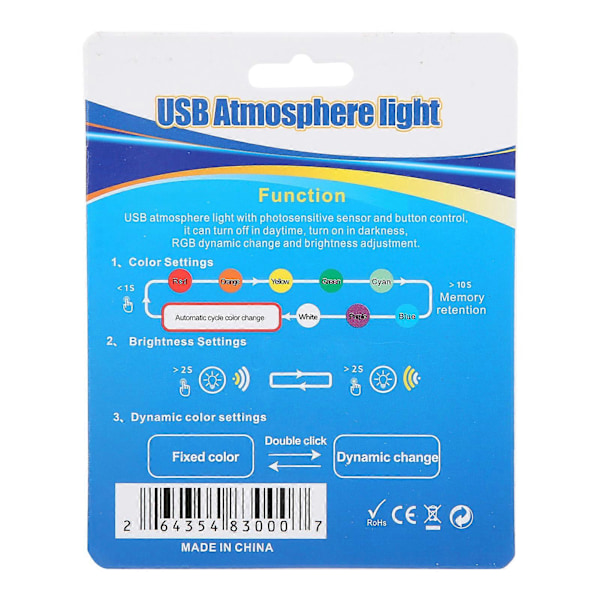 USB LED Ambient Light 8 Farger RGB Dynamisk Endring Lysstyrke Justerbar Mini Interiør Dekorativ Lampe