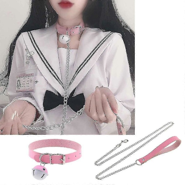 Halsband i Läder Gotiskt Läderhalsband Choker Med Kedja Avtagbart Koppellina Pink