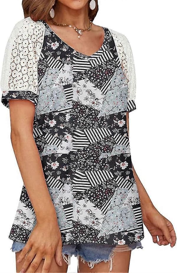 Mode Spetstoppar Sömmar Kortärmad V-ringad T-shirt Blus Blomstertryck 3XL