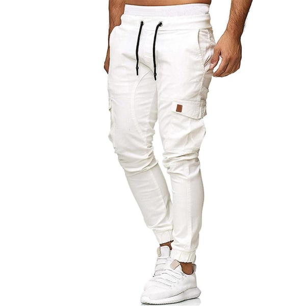 Män Drawstring Cargo Combat Byxor Casual Arbets Sport Slim Fit Multifickor Jogging Manschetter Byxor White M