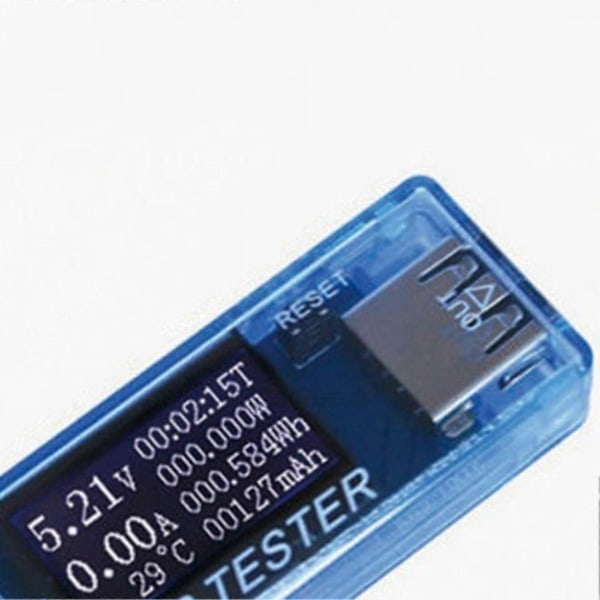 USB Tester Strøm Spenning Kapasitet Tidsmåling Effekt Wh Temperatur Display USB Voltmeter Blå
