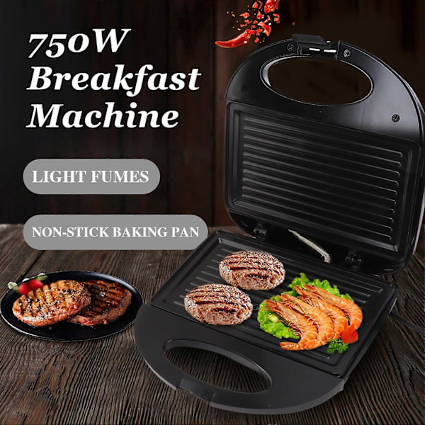 750W Grill Frokostmaskin Dobbeltsidig Oppvarming Nonstick Elektrisk Bake Maker for Biff Sandwich Brød