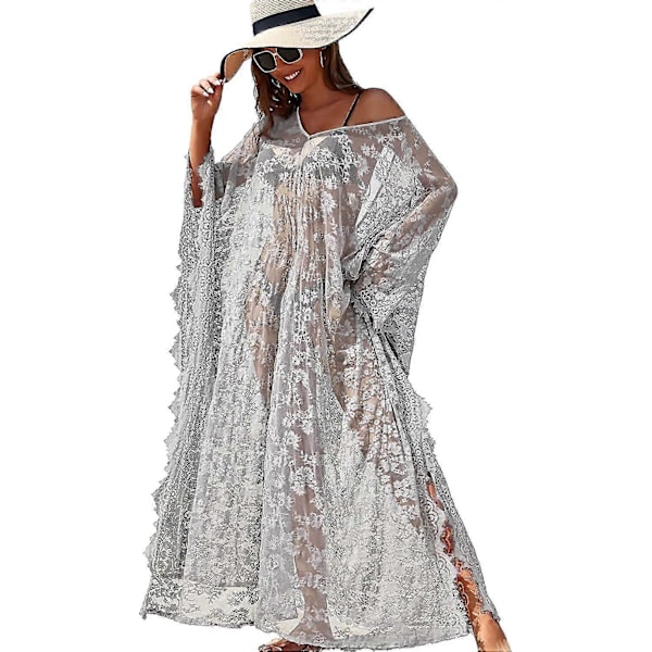 Strandklänning Boho Spets Kimono Plus Size Bikini Morgonrock Baddräkt för Kvinnor Enfärgad Gray