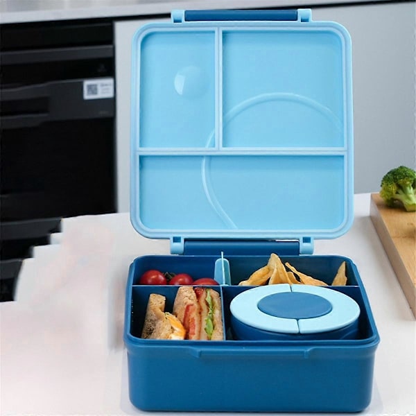 Matlåda med skål i rostfritt stål, middagstallrik i plast, mikrovågsugnssäker, fackindelad Bento, matlåda