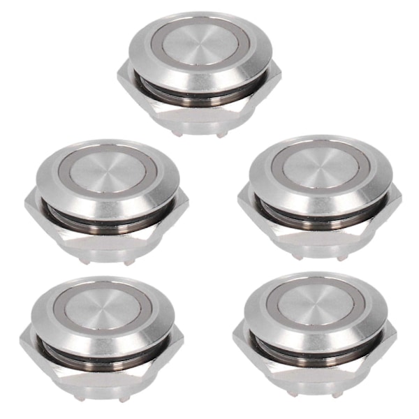 5 stk. Momentan trykknappbryter Metall Auto Reset Ultratynn Vanntett med LED 19mmDC3~6V Hvit