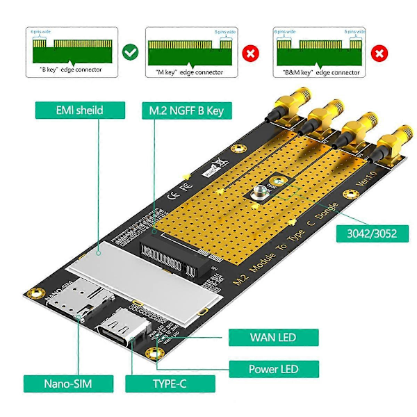 M.2(M.2) 3G/4G/5G-modul till Typ C /USB 3.0-adapter med NANO SIM-kortplats för RM500Q/RM500U /GM800/ SIM8200-modul