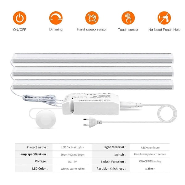LED Under Cabinet Lampa Genomtränglig Touch-brytare Trä Handskanning Rörelsesensor Dimbar Badrum Nattlampa 40CM EU-kontakt
