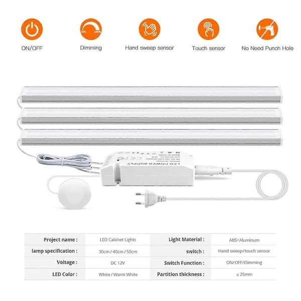 LED Underskabslampe med Berøringsfølsom Kontakt, Træhåndssensor, Bevægelsessensor, Dæmpbar Natlampe til Badeværelse, 40CM EU Stik