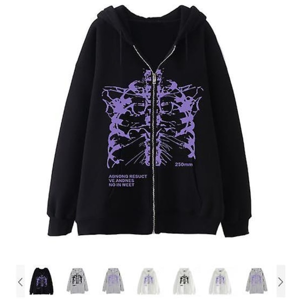 Mörk Zip Hoodie Skelett Hoodie Benprydd Hoodie white purple M