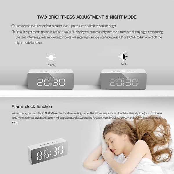 Spegelväckarklocka, Digital Väckarklocka med Datum/Temperatur/Snooze