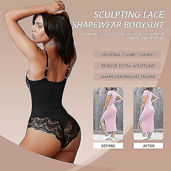Tflycq Spetsbody för Kvinnor Magekontroll Shapewear V-ringad Rygglös Linne Ärmlös Slimmande Toppar Black XL