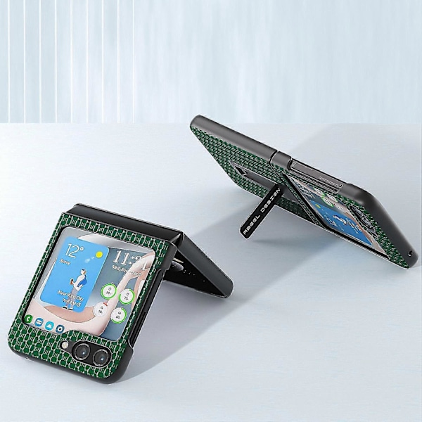 Lyxigt texturerat fodral med stativ i äkta kohudläder + PC-skal för Samsung Galaxy Z Flip5 5G Green
