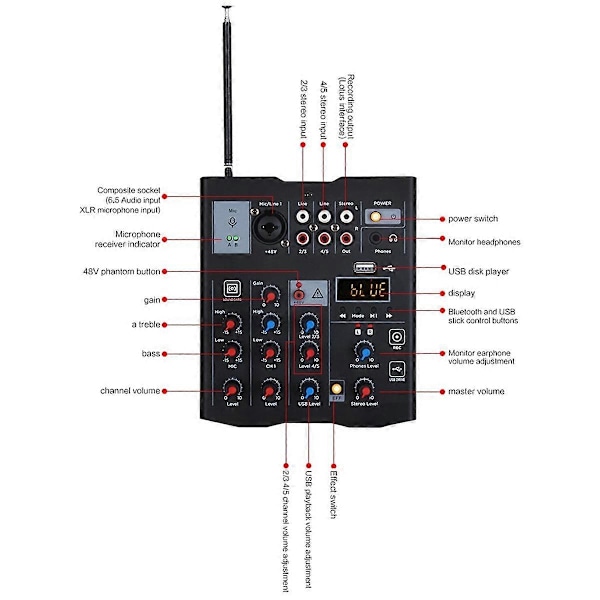 5-kanals lydmixer med UHF trådløs mikrofon Studio lydmixer Bluetooth REC DJ-konsol Mixing til Karaoke