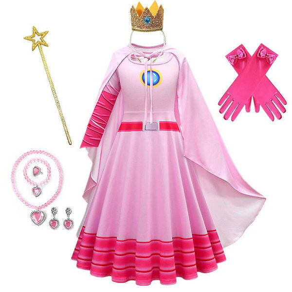 Peach Princess Cosplay Klänning Peruk Tjejspel Rollspel Kostym Födelsedagsfest Scen Uppträdande Outfits Barn Karneval Fina kläder cloak 110(4T)