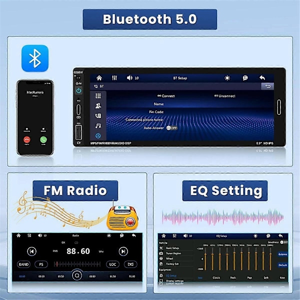 6,9 tommer trådløs Carplay bilstereo Single Din Touchscreen bilradio, Android Auto Bluetooth Mirror Link FM Mic SWC