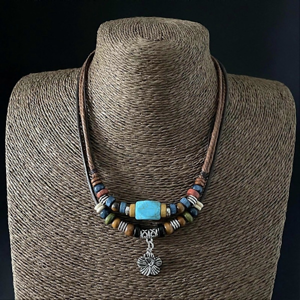 Halsband för män, lager på lager, etnisk stil, metallblomma, vaxrep, träpärlor, turkos nyckelbenskedja, smyckestillbehör