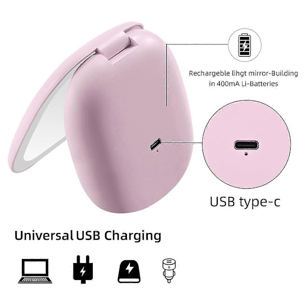 Ficksminkspegel med LED-ljus, 3,5 tum, 10x förstoring, dubbelsidig, uppladdningsbar, pekskärm, rosa