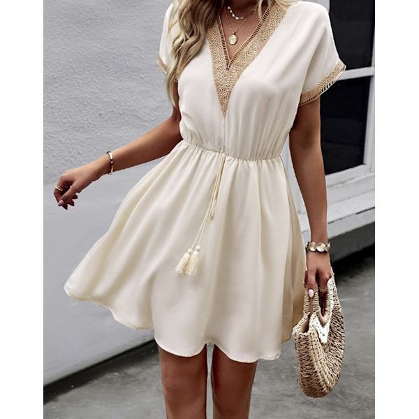 Dam Vintage Mini Klänning Sommar Mode Enfärgad V-ringad Lös Knytklänning Apricot XL
