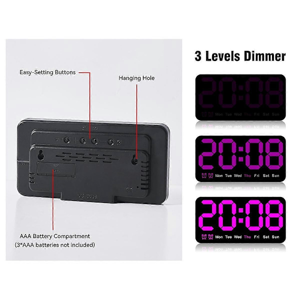 Stor Digital Väggklocka, 24 cm, LED Väckarklocka med Stora Siffror, för Vardagsrum Sovrum Klassrumsinredning Lila