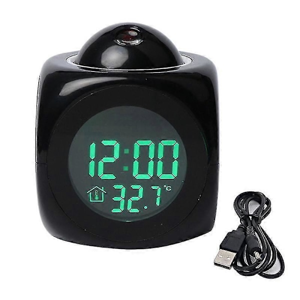 Projektionsväckarklocka Digital Röst Tid Temperatur LCD Digital Väckarklocka Black