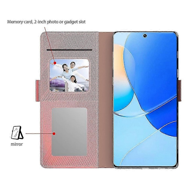 Huawei nova 12i 4G / Enjoy 70 Pro -kotelo, nahkainen, pudotuksenkestävä puhelinkotelo peilillä ja korttipaikalla Pink gold