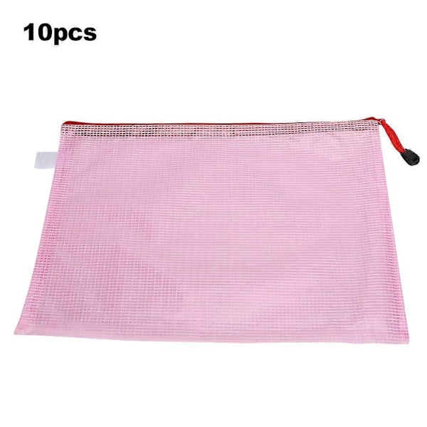 10 stk. Mesh Glidelåspose A4 Filmappe PVC Transparent Informasjonspakke Dokumentorganisator Lys Rosa
