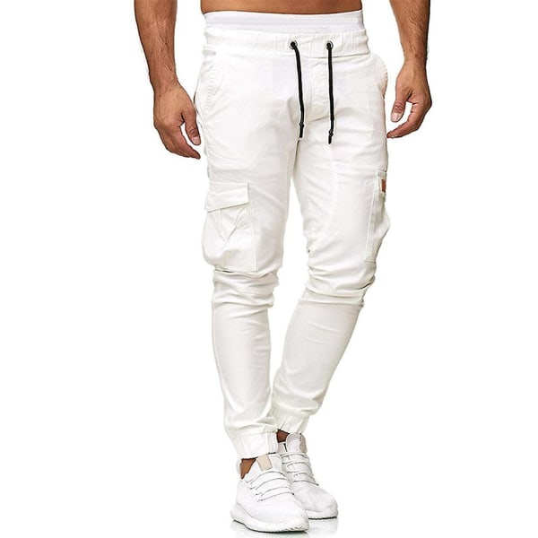 Män Drawstring Cargo Combat Byxor Casual Arbets Sport Slim Fit Multifickor Jogging Manschetter Byxor White M