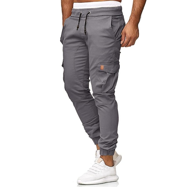 Män Drawstring Cargo Combat Byxor Casual Arbets Sport Slim Fit Multifickor Jogging Manschetter Byxor Grey M