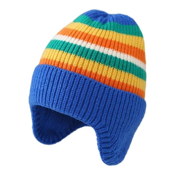 Barn Vintermössa Randig Regnbågsfärgad Stickad Tjock Varm Elastisk Öronskydd Unisex Mjuk Varm Vindtät Barnmössa