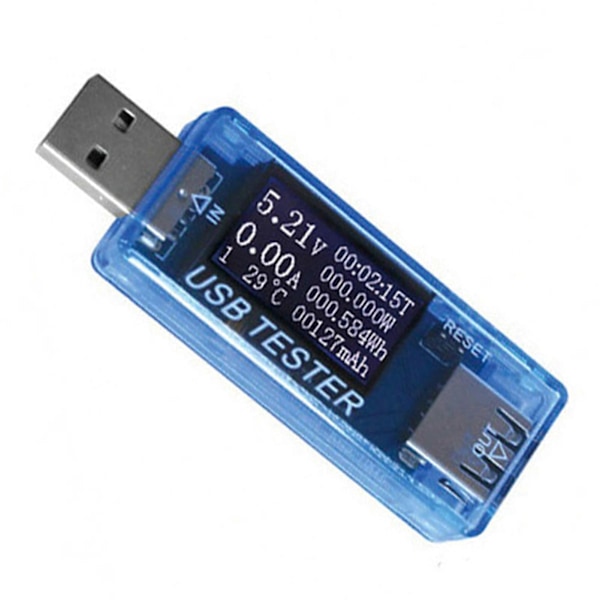 USB Tester Strøm Spenning Kapasitet Tidsmåling Effekt Wh Temperatur Display USB Voltmeter Blå
