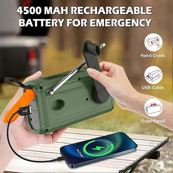 Mini Handvev Bluetooth Radio +//FM Radio 4500 MAh Soldriven Nödradio med LED-ficklampa, SOS-larm