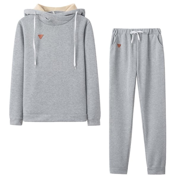 Kvinnors höst och vinter varm huva topp + byxor passar sportkläder Light Grey 2XL