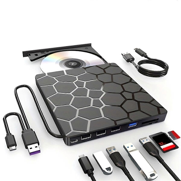 Extern DVD RW-enhet USB 3.0 Typ C 7-i-1 Gränssnitt Slim DVD CD-brännare Läsare Spelare Optisk Enhet för Laptop PC