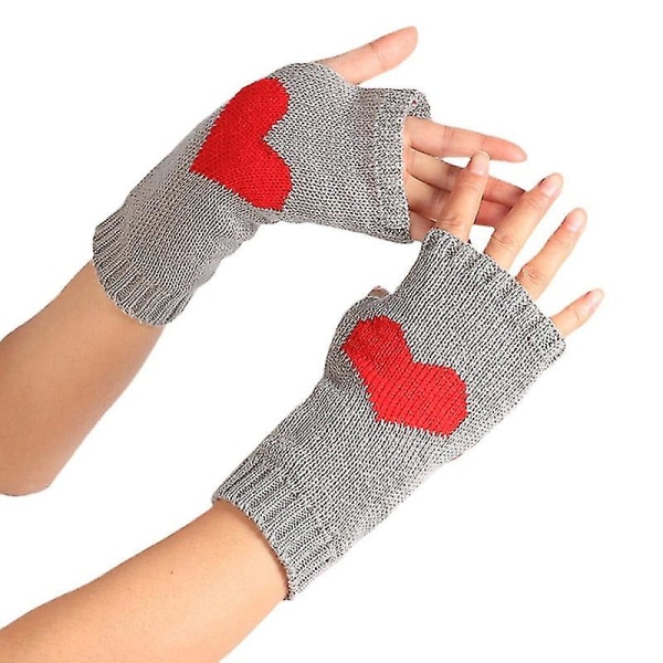 Vinterhandskar damer Pekskärm Tjocka varma stickade handskar Love Heart Print Fingerless Mitten Outdoor Skid Handskar Gray