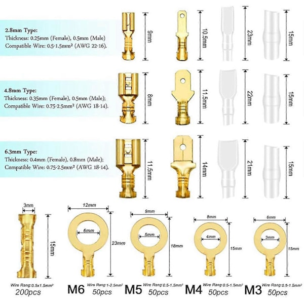 1000 st Snabbkopplingsklämmor Set 2.8 4.8 6.3mm Mässing Isolerad Hylsa Krympterminal Kit för Industri 1000 st