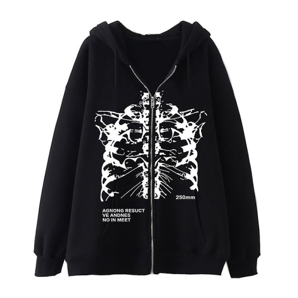 Mörk Zip Hoodie Skelett Hoodie Benprydd Hoodie black white S