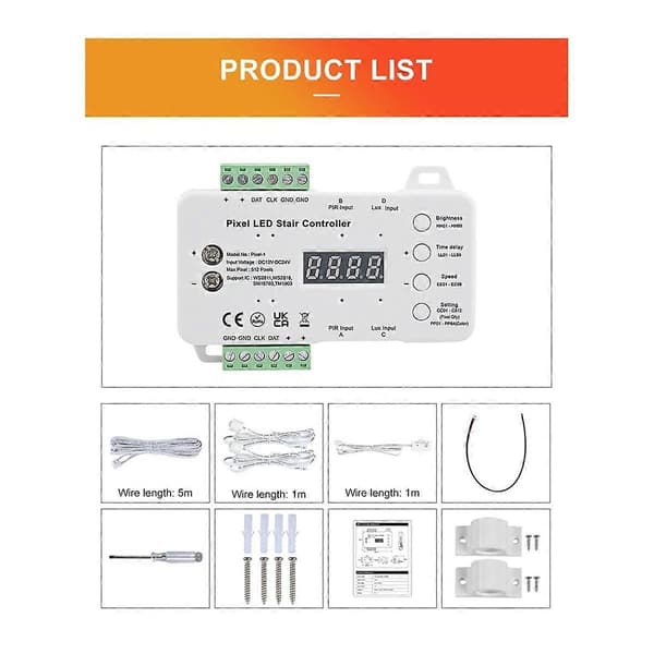 Bevægelsessensor LED Trappe Pixel Lys Controller RGB LED Controller med Dagslyssensor Trappebelysningscontroller