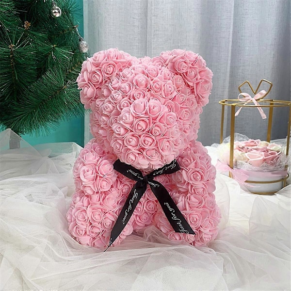 Konserverad Blombjörn Docka Pe Alla Hjärtans Dag Present Ornament Krambjörn 25cm Skum Blomma Ros Björn Gåva-A