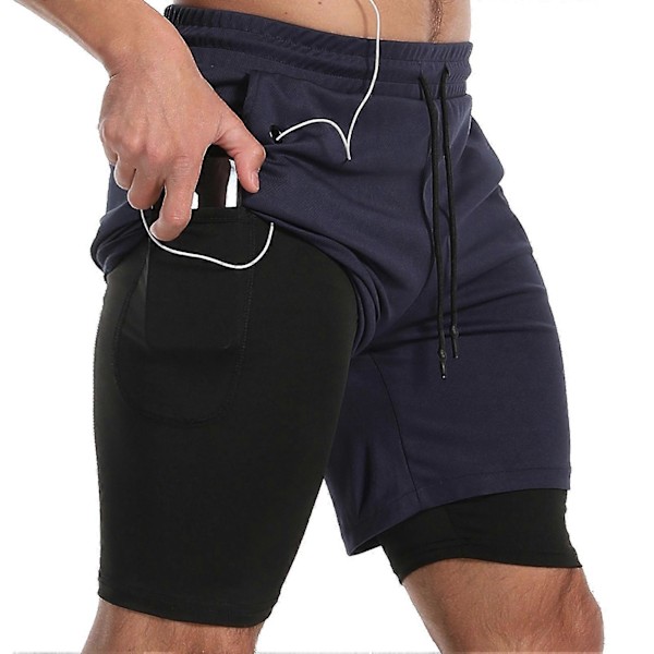 Herre 2 i 1 Sports Hurtigtørrende Trænings Løbeshorts Letvægts Atletiske Gym Shorts med Kompressionsfor - Marineblå 2XL