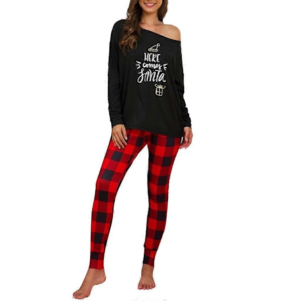 Dame Lounge Sett En Skulder Lange Ermer Juleprint Rutete Bukser Pyjamas Sett for Hverdagsbruk Svart L