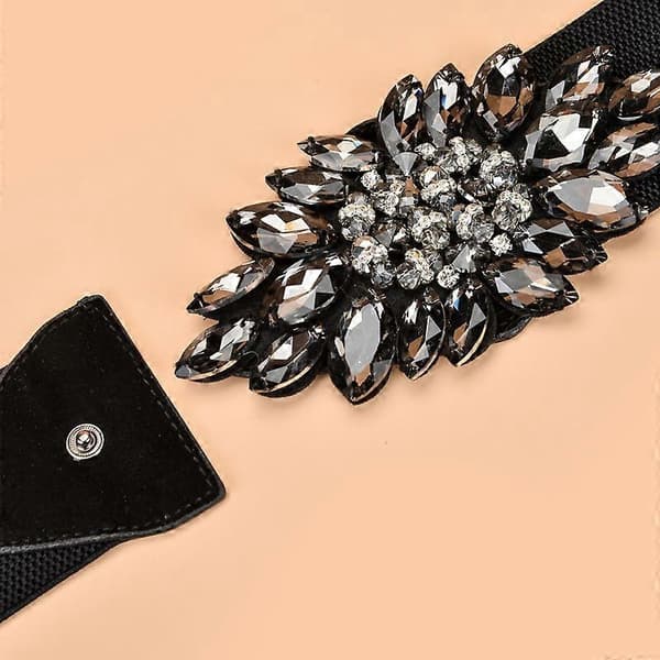 Mote Blomster Rhinestone Spenne Elastisk Midjebelte for Damekjole 72 cm Svart sølv