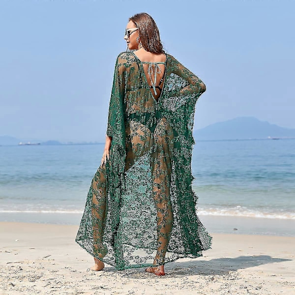 Strandkjole Boho Blonde Kimono Plus Size Bikini Morgenkåbe Badedragt Til Kvinder Ensfarvet Dark Green